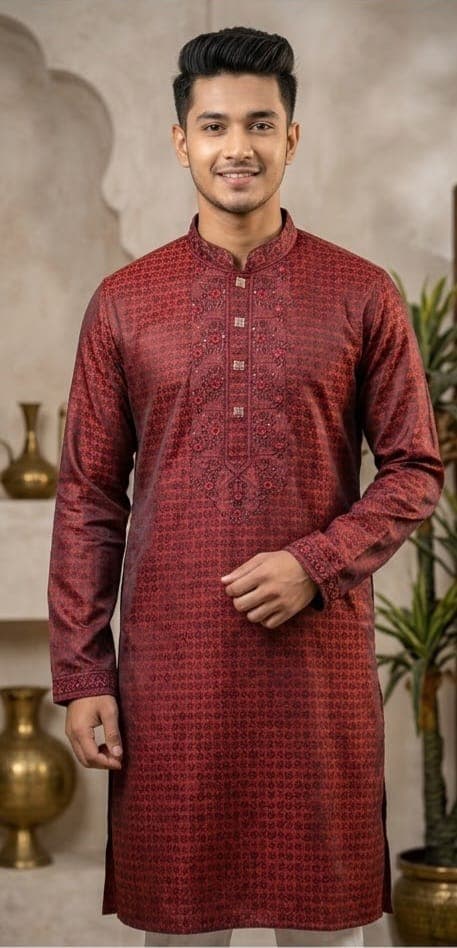 Premium Maroon Colour Katan Embroidered Panjabi. 